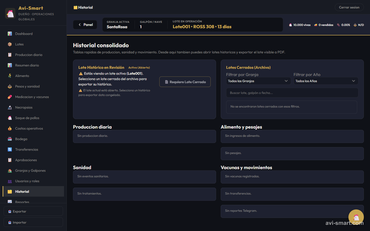 Historial de lotes y comparativas entre granjas en Avi-Smart — seguimiento de producción avícola, conversión alimenticia y mortalidad por período